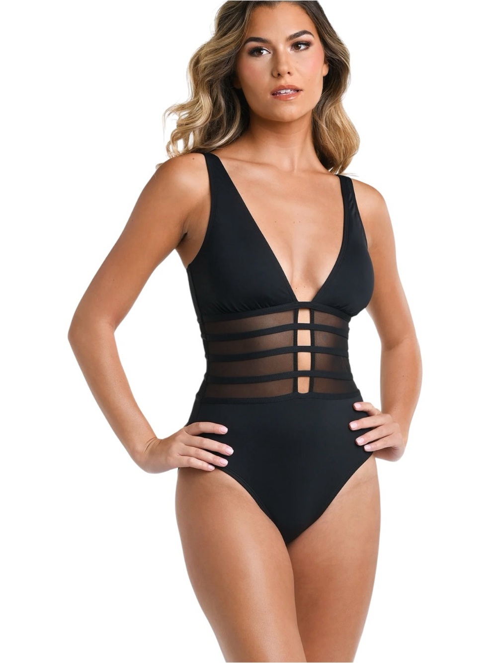 La Blanca Island Goddess Plunge Mesh One Piece Swimsuit 6 Black Beach Resort NWT